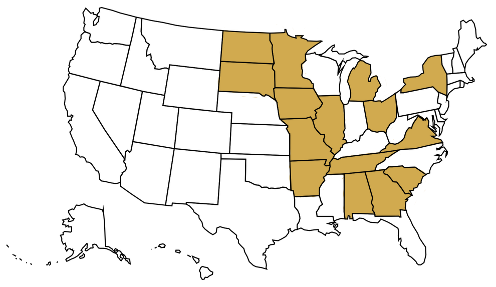 U.S. Map indicating where Soyleic is bred. Soyleic is bred in these states: Alabama, Arkansas, Georgia, Illinois, Iowa, Michigan, Minnesota, Missouri, New York, North Dakota, Ohio, South Carolina, South Dakota, Tennessee and Virginia